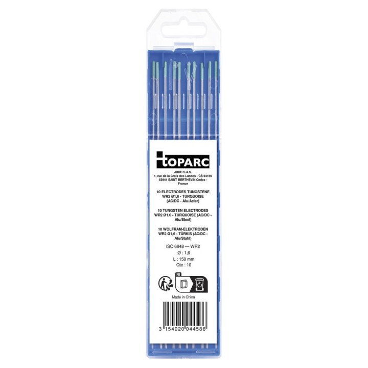 10 ηλεκτρόδια 150mm - Βολφράμιο WR2 - Τυρκουάζ : για AC/DC - Ø 1.6 mm